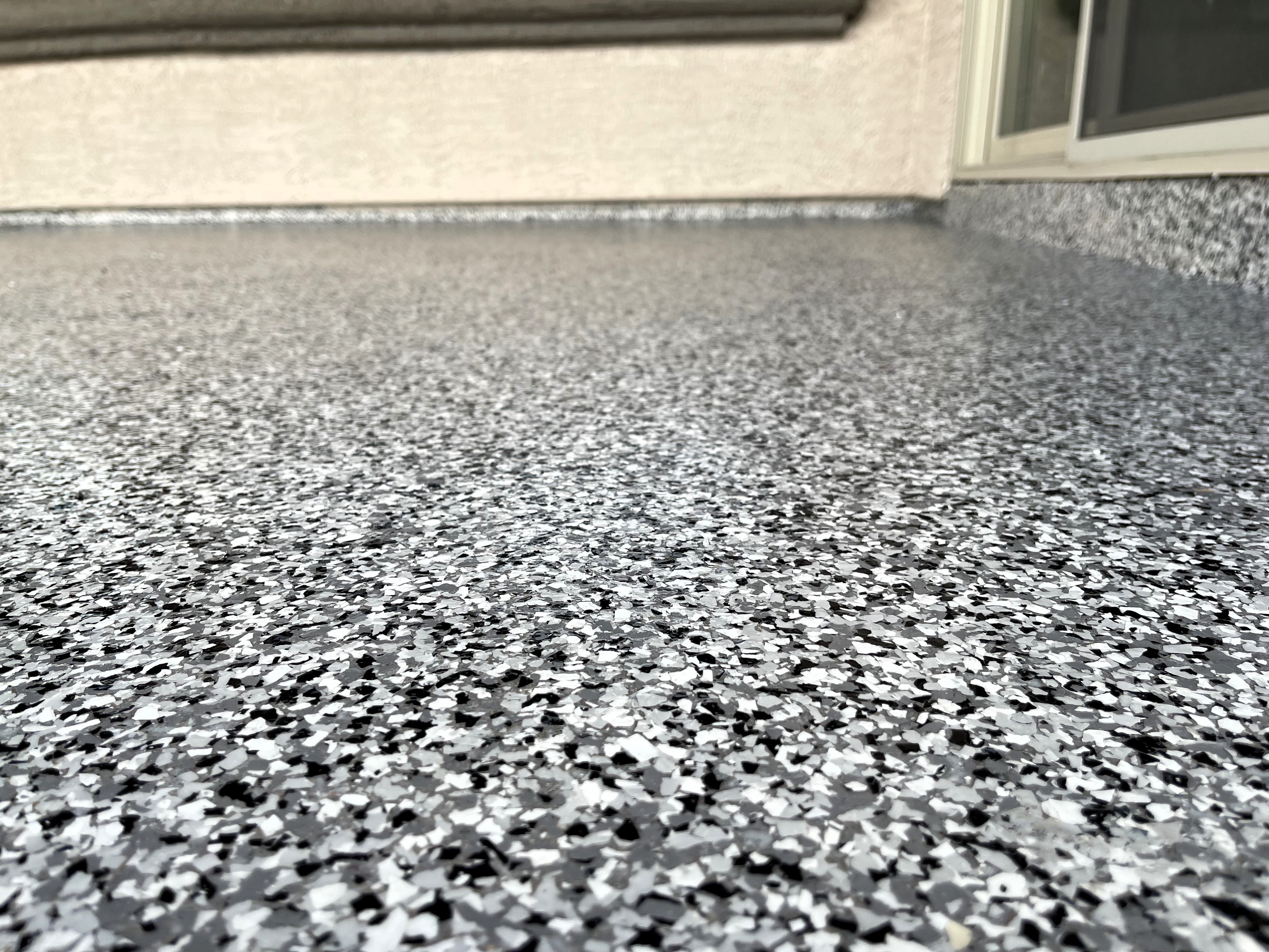Our 100% Polyaspartic Coatings Is UV Resistant! White Night Grey/Yukon Flake Design